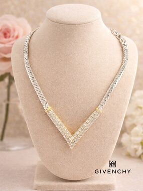 Givenchy Two-Tone V-Point Crystal Necklace — Silver & Gold Accents
